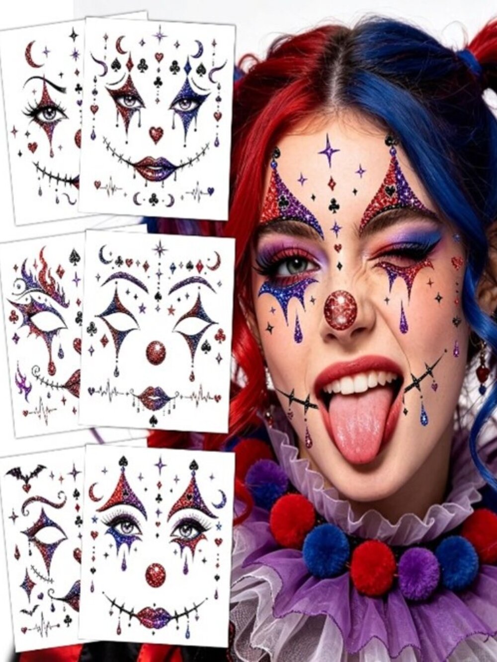 New - 6 Sheets Glitter Halloween Clown Face Temporary Tattoos 🎭🎃